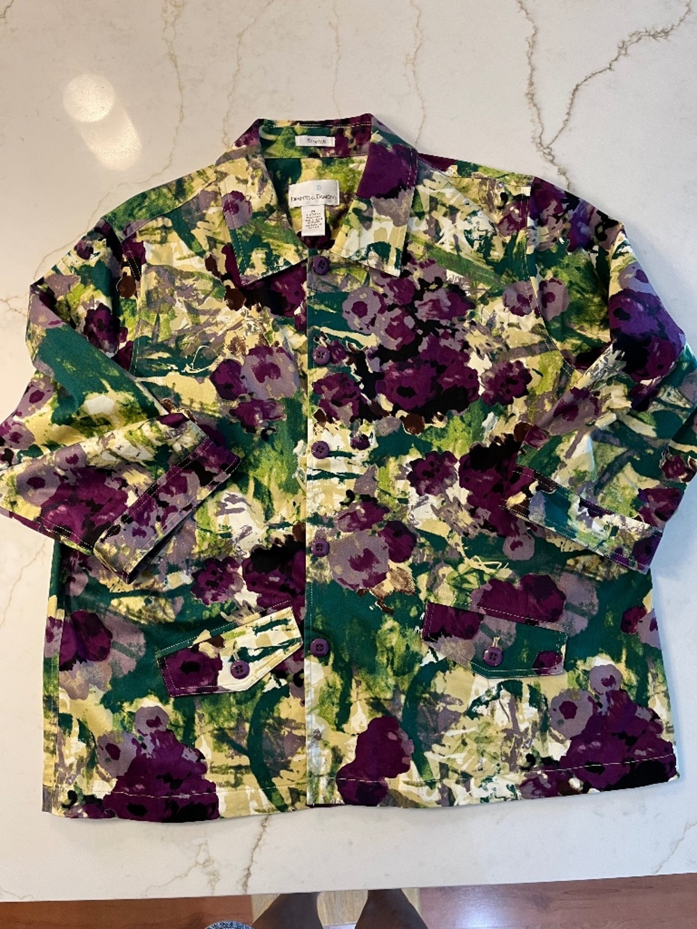 Light Green Draper's and Damon's Jacket with Vibrant Purple and Green Flowers